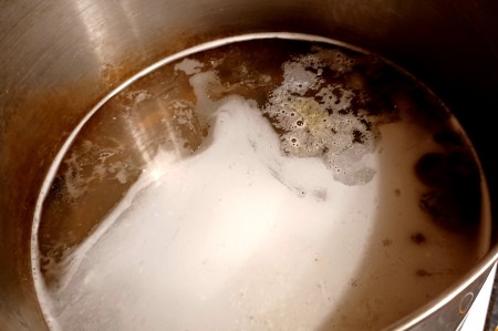 Cooking the pan with water and the dishwasher pod.