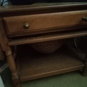 A wooden sewing table.