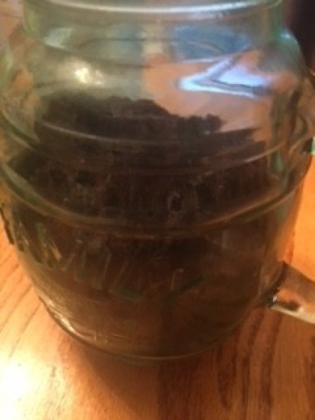 Adding the soil to the canning jar.