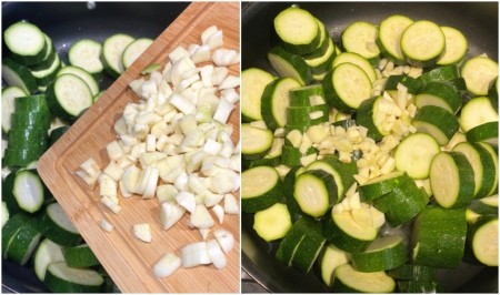 Adding garlic to zucchini.