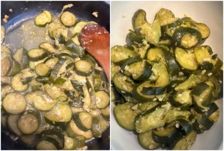 The cooked zucchini mixture.