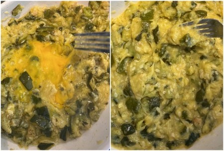 Adding cheese to the top of the zucchini mixture.