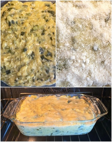 Adding cheese to the top of the zucchini mixture.