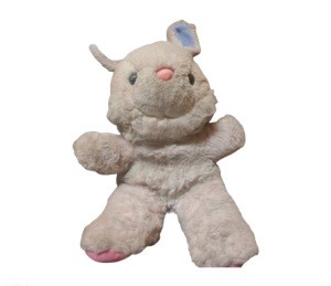 A cream colored stuffed animal.