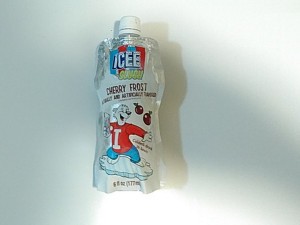 A recycled ICEE package frozen with water inside.
