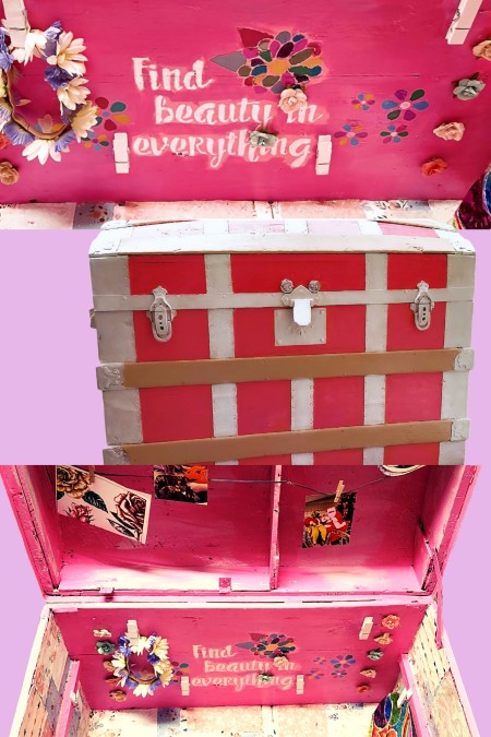 A decorated steamer trunk.
