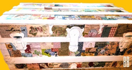 A decorated steamer trunk.