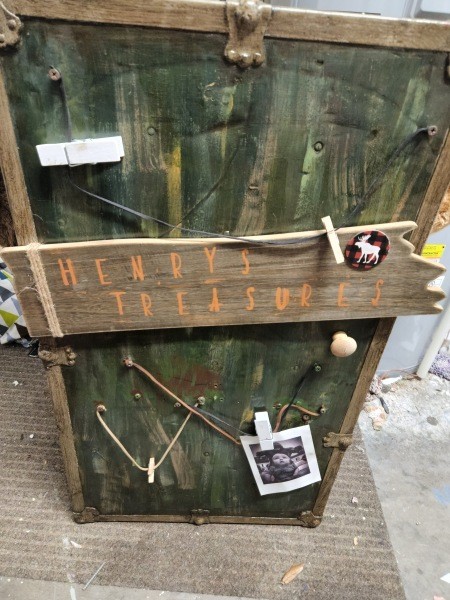 A label on a trunk that says "Henry's Treasures."