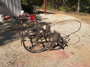 An antique metal planter.