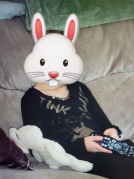 A child holding a stuffed bunny.