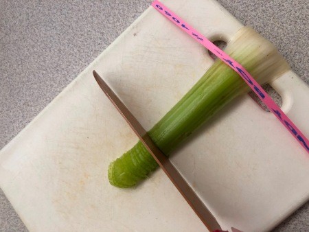 Cutting celery with a cutting board and rubber band.