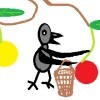 A drawing of a bird choosing a red cherry instead of a yellow one.