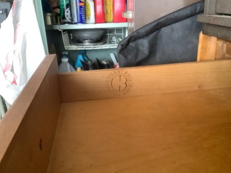 The Conant Ball manufacturer's marking on the inside of a drawer.