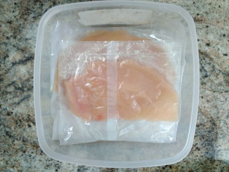 Chicken tenders stored in a recycled cake mix bag.