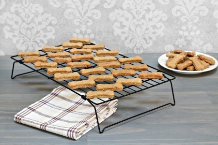 A cooling rack of homemade dog biscuits.