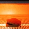 Food in an infrared oven.