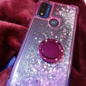 A phone in a glittery case.