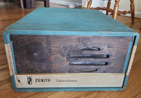 A portable record player.