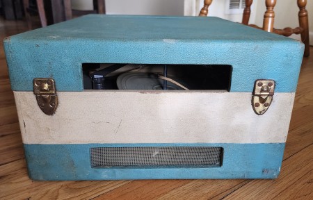 A portable record player.