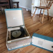 A portable record player.