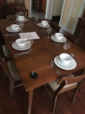 A wooden dining table.