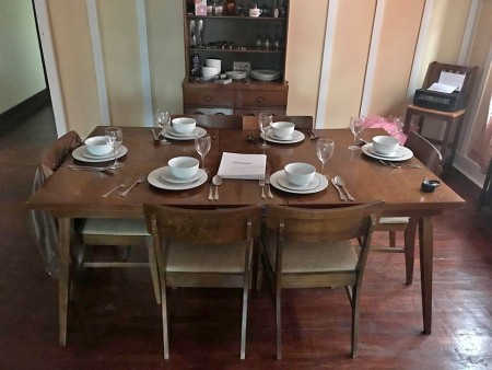 A wooden dining table.