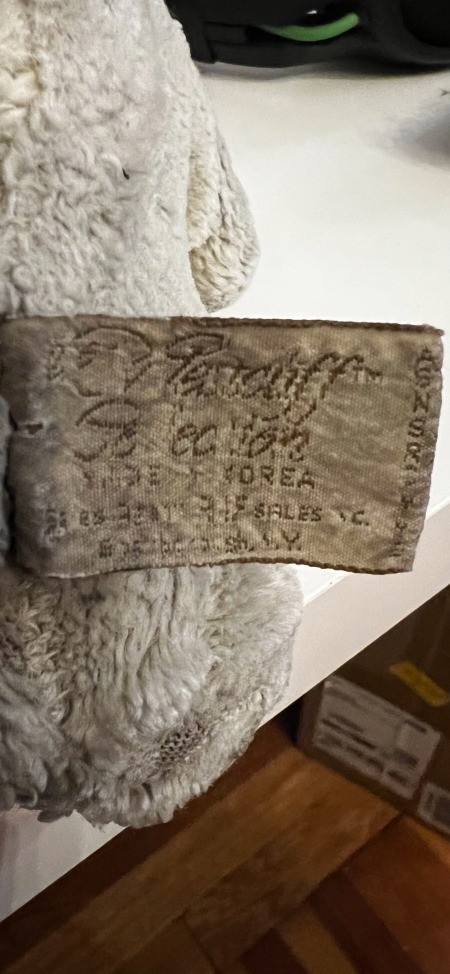 A tag on a plush bunny toy.