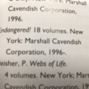 A listing of 18 volumes of a set called Endangered?
