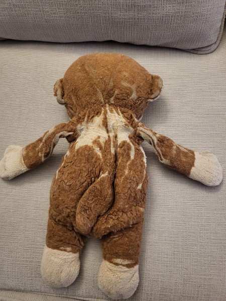 The back of a worn stuffed monkey.