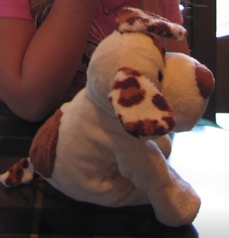 A stuffed brown and white dog.