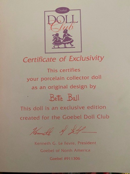 Certificate of authenticity for a porcelain doll.